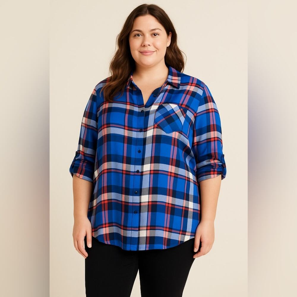 Ava & Viv Blue Red Plaid Button Down Shirt Women’s Plus 3X Rayon Long Sleeve